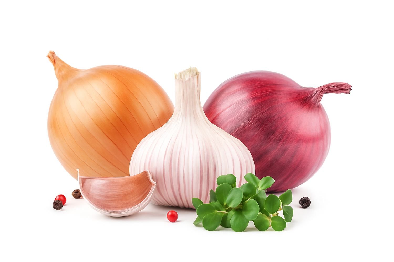 Onions, garlic, and red onions on a white background