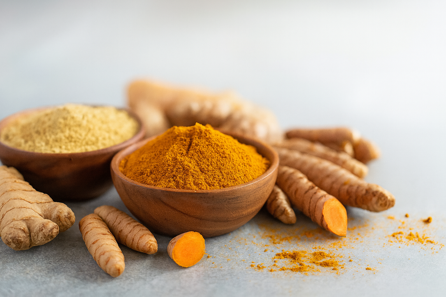 Turmeric roots and ground turmeric powder in wooden bowls on a light background