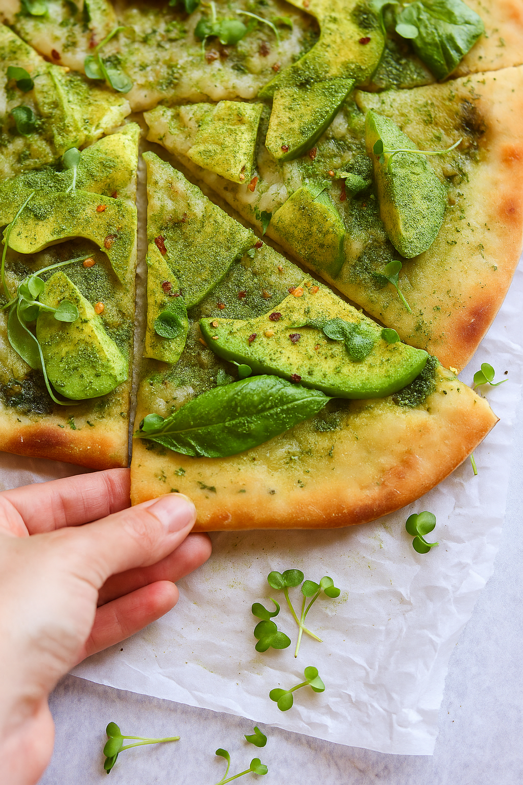 pizza with avocado slices and super 6 microgreen powder on a white surface.
