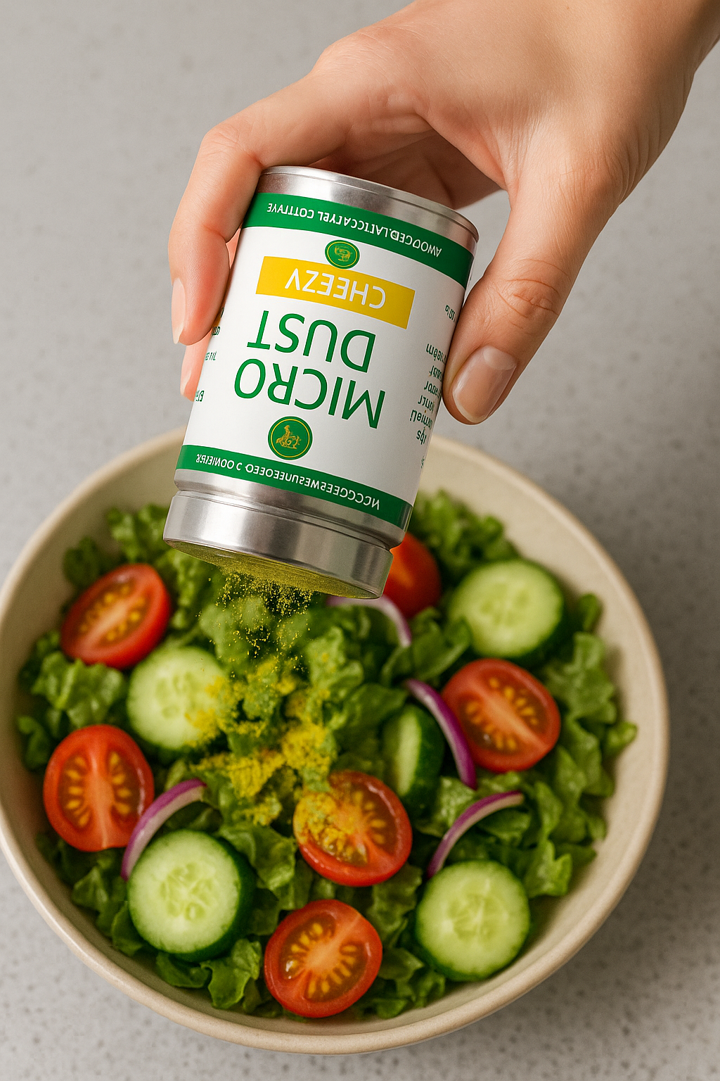 Cheezy MicroDust, Nutrient-Packed Microgreens Seasoning, 1oz, sprinkling on salad.