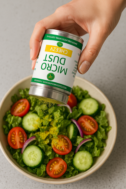 Cheezy MicroDust, Nutrient-Packed Microgreens Seasoning, 1oz, sprinkling on salad.